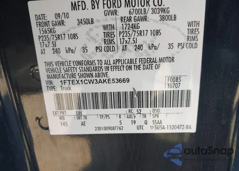 2010 Ford F-150 Stx/Xl from USA, damaged, VIN 1FTEX1CW3AKE53669